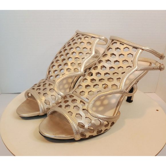 ANDIAMO Gold Double Strap Dressy Open Toe Women 3" Heels Size 7M - Picture 8 of 14